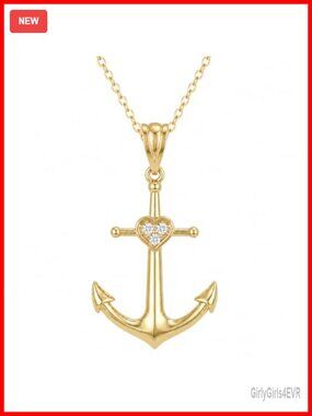Sterling Silver Anchor Necklace, 14K Gold Plated Heart Pendant, CZ Nautical